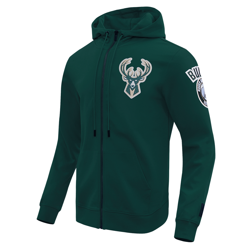 NBA MILWAUKEE BUCKS CLASSIC CHENILLE MEN'S DOUBLE KNIT  FULL ZIP HOODIE (FOREST GREEN)