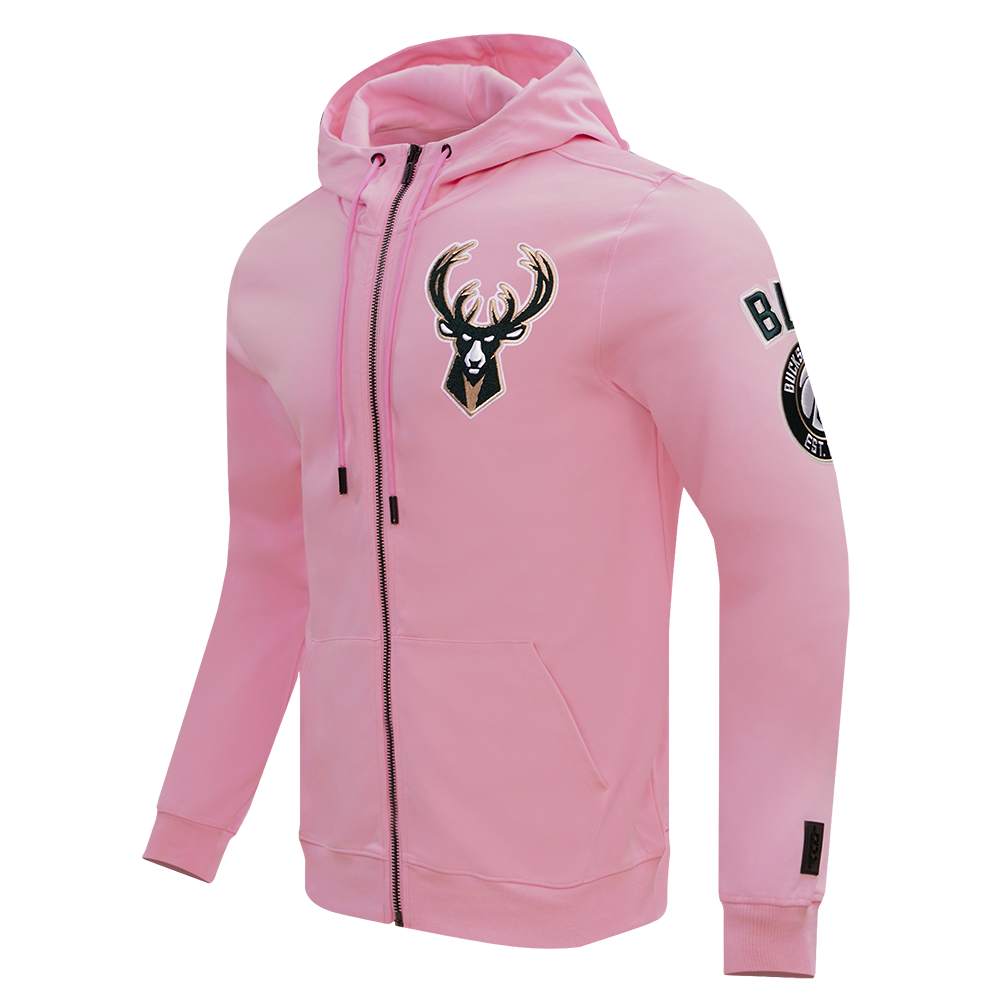 NBA MILWAUKEE BUCKS CLASSIC CHENILLE MEN'S FULL ZIP PULLOVER HOODIE (PINK)