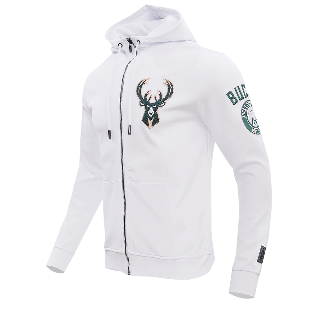 NBA MILWAUKEE BUCKS CLASSIC CHENILLE MEN'S FULL ZIP PULLOVER HOODIE (WHITE)