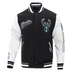 NBA MILWAUKEE BUCKS SCRIPT TAIL MEN'S VARSITY JACKET (BLACK/WHITE)