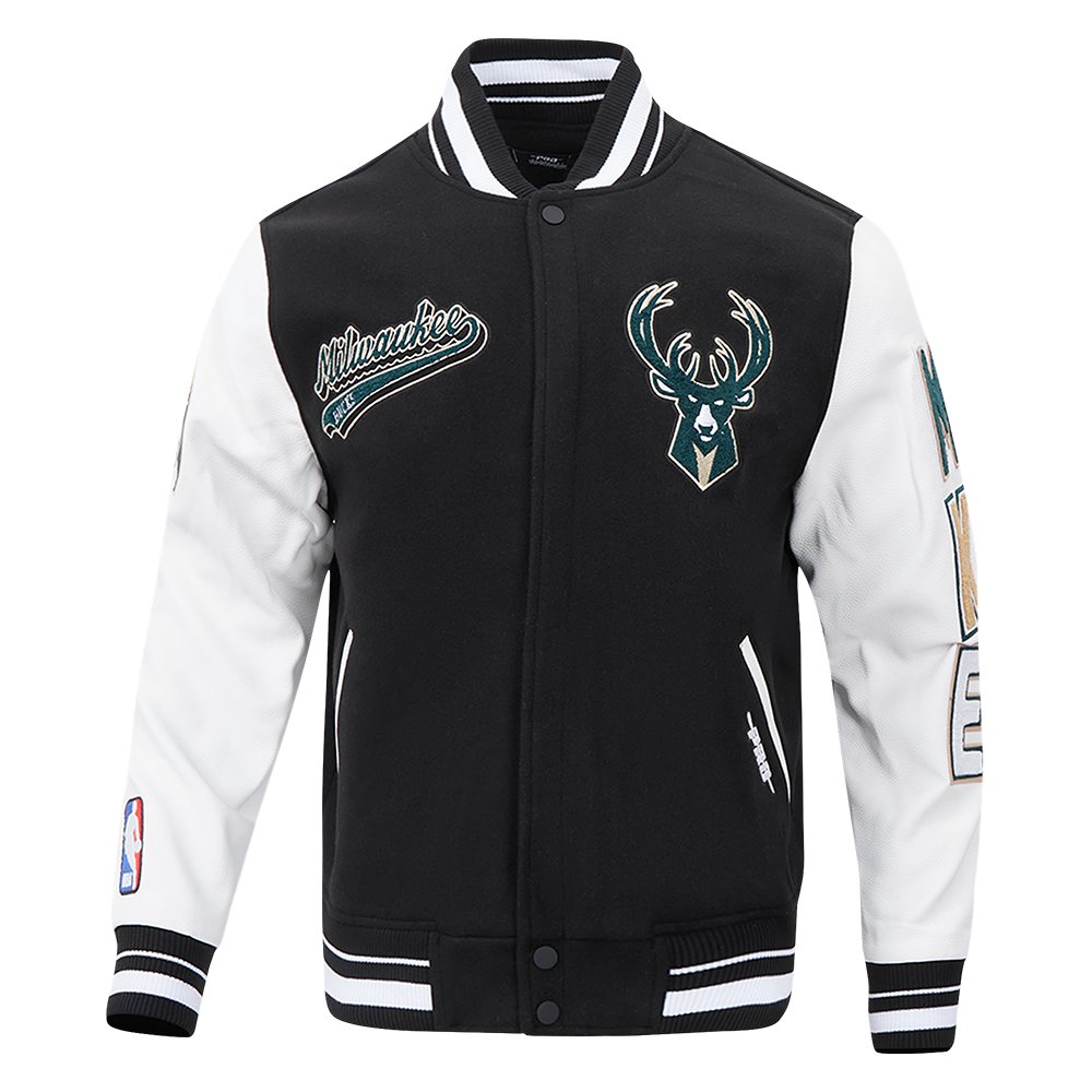 NBA MILWAUKEE BUCKS SCRIPT TAIL BLOUSON COLLÉGIAL POUR HOMME (NOIR/BLANC)