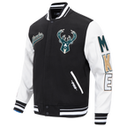NBA MILWAUKEE BUCKS SCRIPT TAIL MEN'S VARSITY JACKET (BLACK/WHITE)