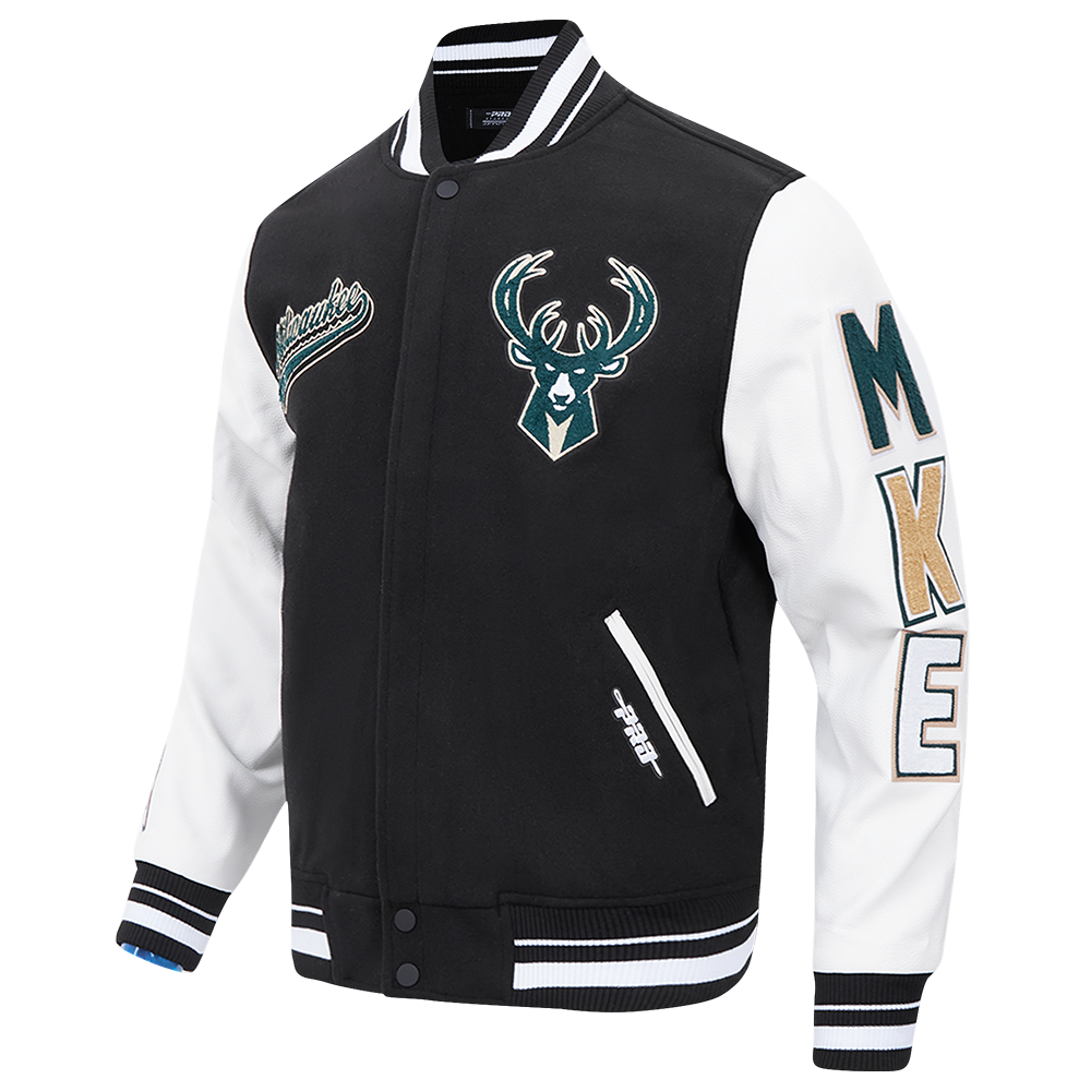 NBA MILWAUKEE BUCKS SCRIPT TAIL MEN'S VARSITY JACKET (BLACK/WHITE)