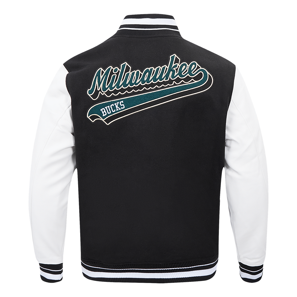NBA MILWAUKEE BUCKS SCRIPT TAIL MEN'S VARSITY JACKET (BLACK/WHITE)