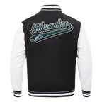NBA MILWAUKEE BUCKS SCRIPT TAIL MEN'S VARSITY JACKET (BLACK/WHITE)