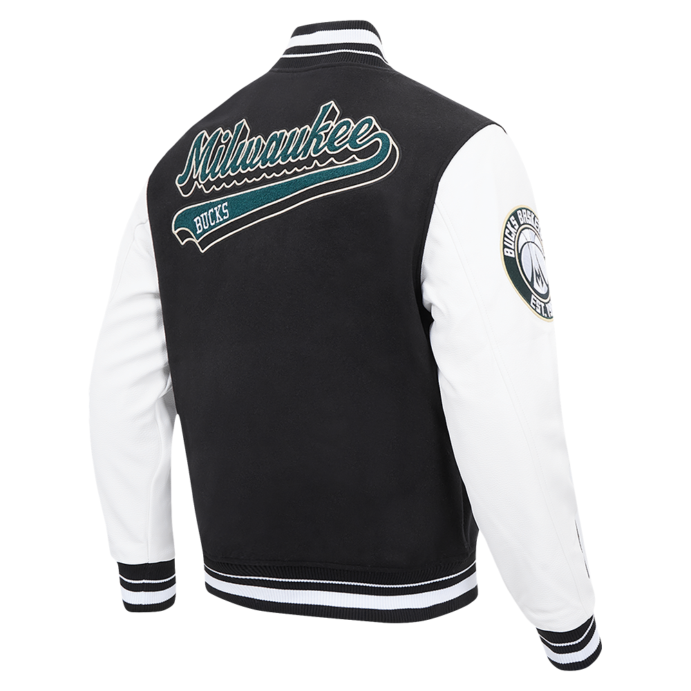 NBA MILWAUKEE BUCKS SCRIPT TAIL MEN'S VARSITY JACKET (BLACK/WHITE)
