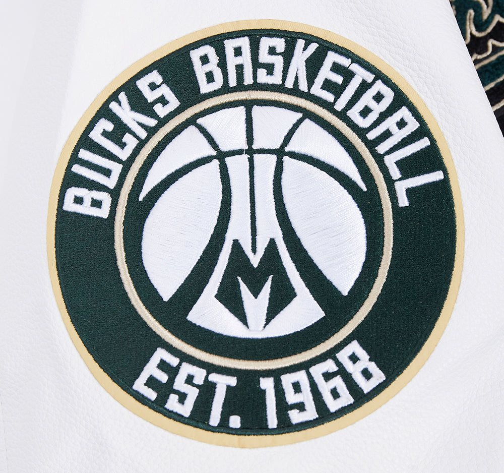 NBA MILWAUKEE BUCKS SCRIPT TAIL MEN'S VARSITY JACKET (BLACK/WHITE)