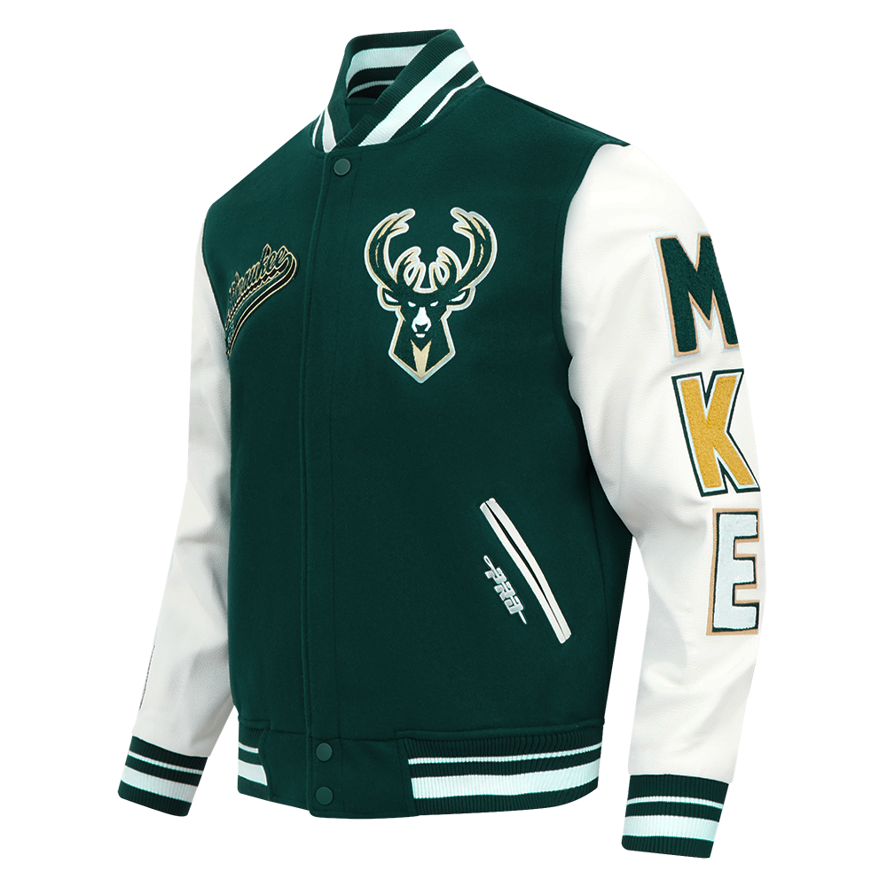 NBA MILWAUKEE BUCKS SCRIPT TAIL MEN'S VARSITY JACKET (FOREST GREEN/WHITE)
