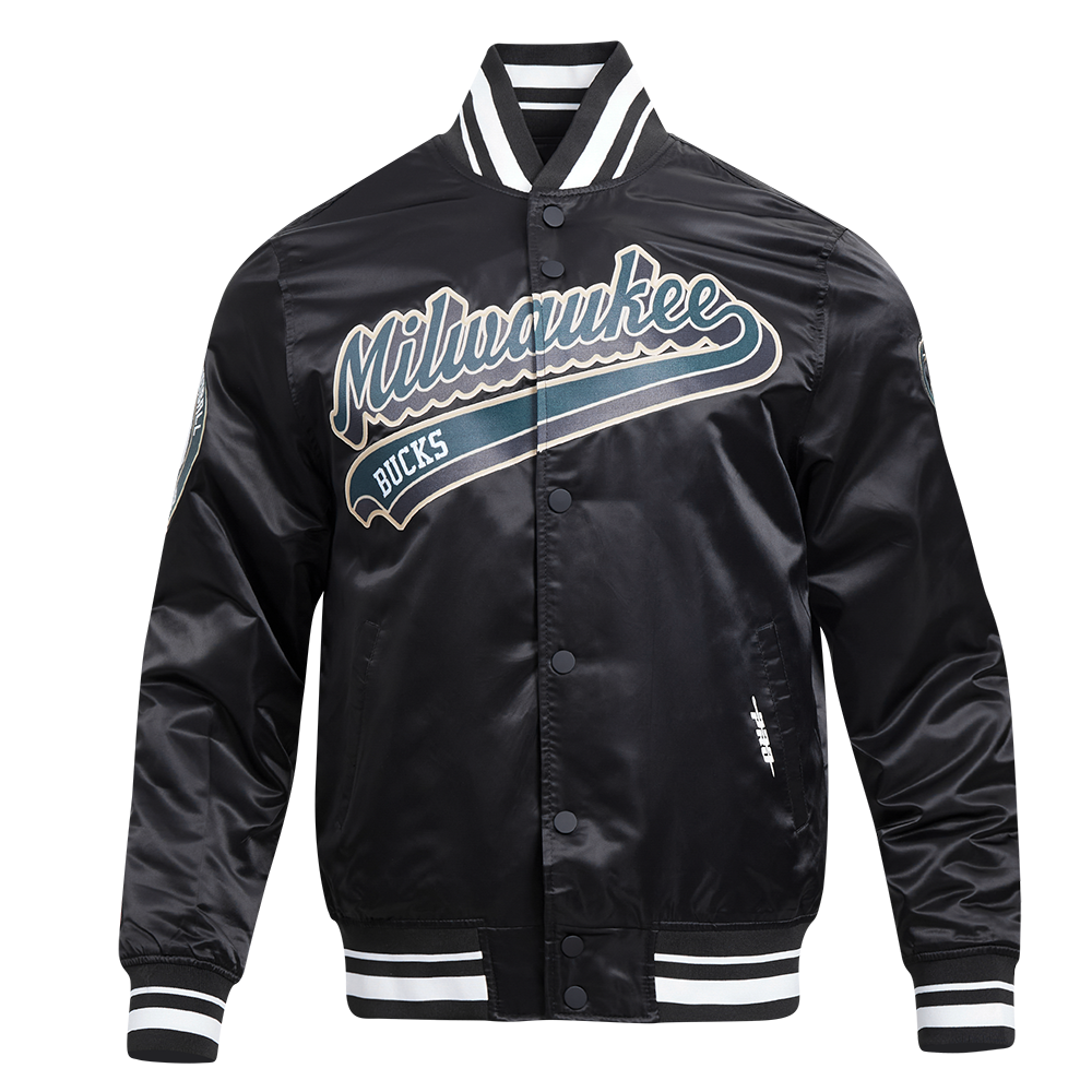 NBA MILWAUKEE BUCKS SCRIPT TAIL MEN'S SATIN JACKET (BLACK)