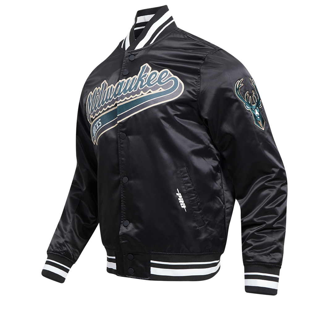 NBA MILWAUKEE BUCKS SCRIPT TAIL MEN'S SATIN JACKET (BLACK)