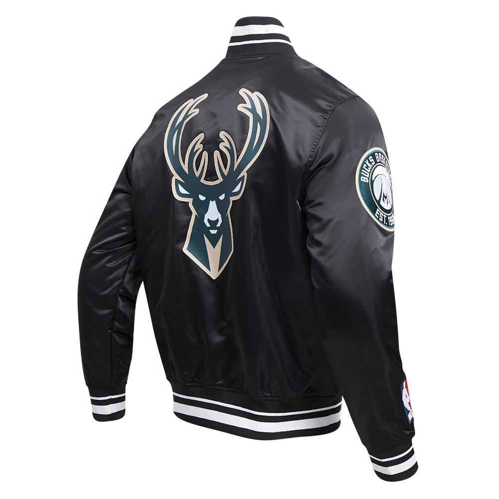 NBA MILWAUKEE BUCKS SCRIPT TAIL MEN'S SATIN JACKET (BLACK)