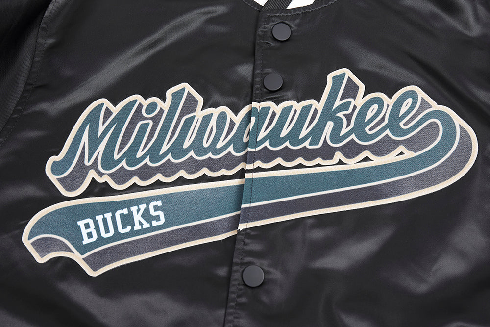 NBA MILWAUKEE BUCKS SCRIPT TAIL MEN'S SATIN JACKET (BLACK)