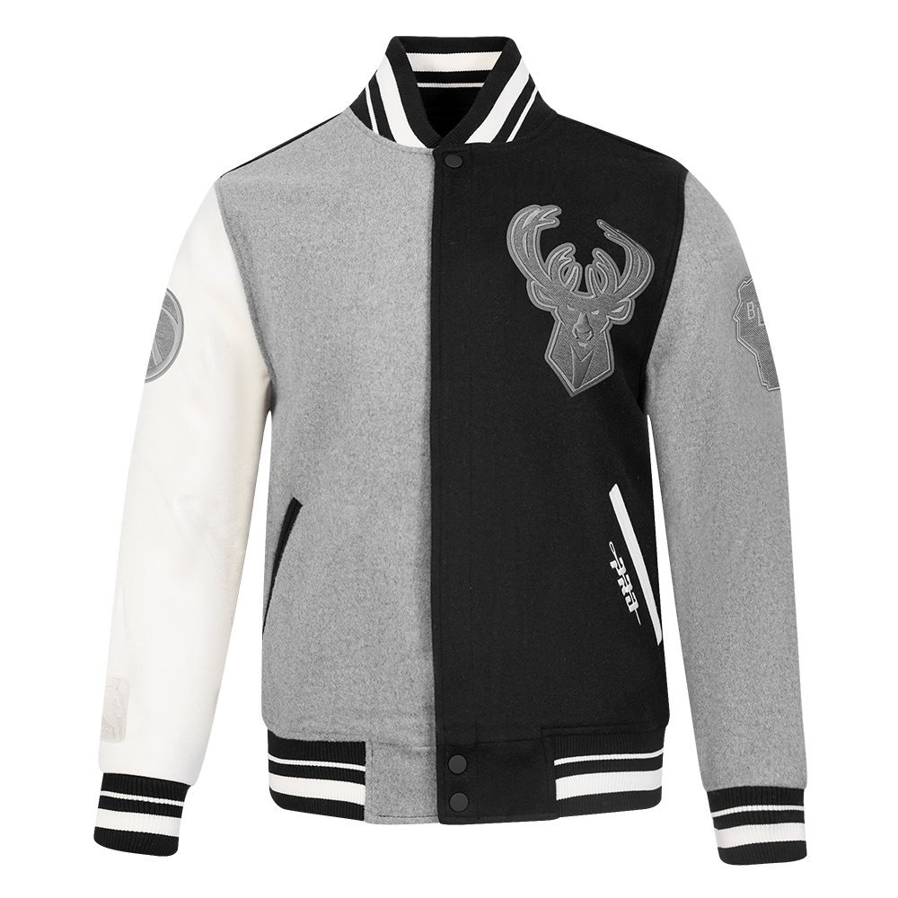 NBA MILWAUKEE BUCKS REVERSE FRENCH TERRY MEN'S VARSITY JACKET (BLACK/GRAY/EGGSHELL)