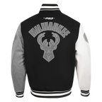 NBA MILWAUKEE BUCKS REVERSE FRENCH TERRY MEN'S VARSITY JACKET (BLACK/GRAY/EGGSHELL)