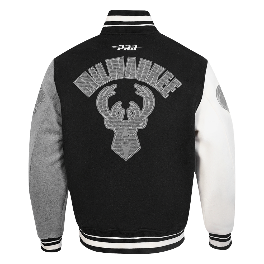NBA MILWAUKEE BUCKS REVERSE FRENCH TERRY MEN'S VARSITY JACKET (BLACK/GRAY/EGGSHELL)
