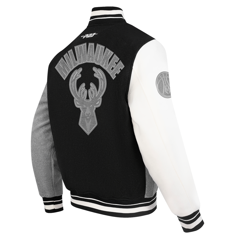 NBA MILWAUKEE BUCKS REVERSE FRENCH TERRY MEN'S VARSITY JACKET (BLACK/GRAY/EGGSHELL)