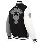 NBA MILWAUKEE BUCKS REVERSE FRENCH TERRY MEN'S VARSITY JACKET (BLACK/GRAY/EGGSHELL)