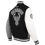 NBA MILWAUKEE BUCKS REVERSE FRENCH TERRY MEN'S VARSITY JACKET (BLACK/GRAY/EGGSHELL)