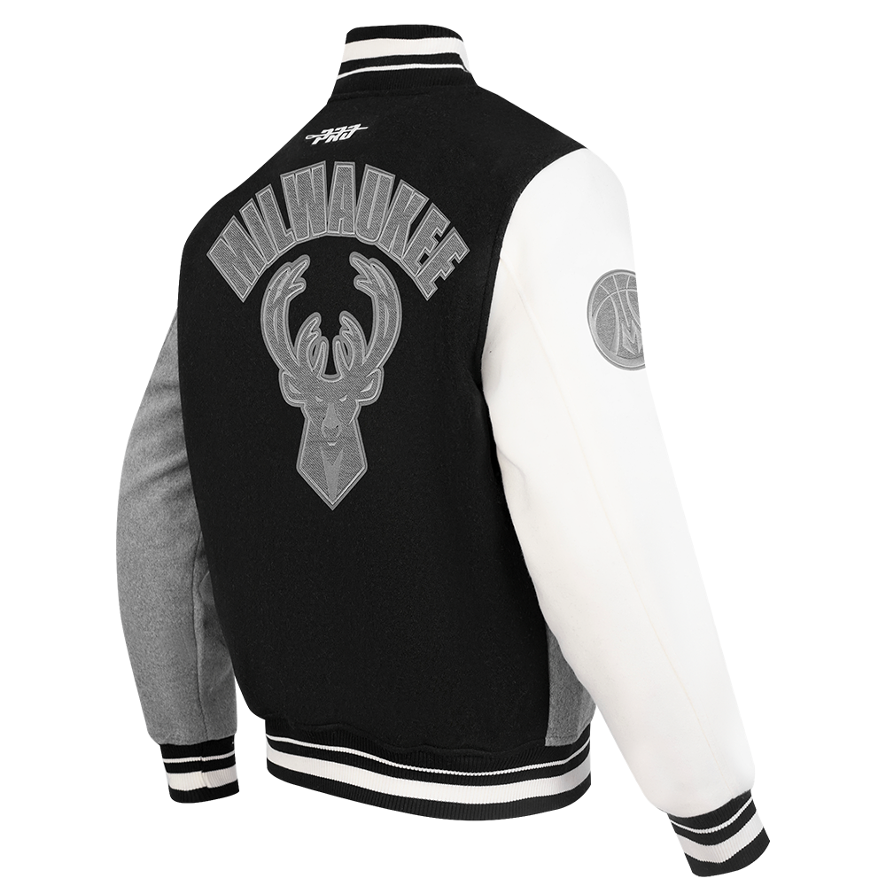 NBA MILWAUKEE BUCKS REVERSE FRENCH TERRY MEN'S VARSITY JACKET (BLACK/GRAY/EGGSHELL)