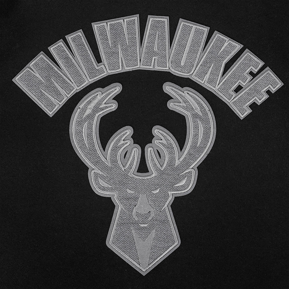 NBA MILWAUKEE BUCKS REVERSE FRENCH TERRY MEN'S VARSITY JACKET (BLACK/GRAY/EGGSHELL)