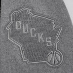 NBA MILWAUKEE BUCKS REVERSE FRENCH TERRY MEN'S VARSITY JACKET (BLACK/GRAY/EGGSHELL)