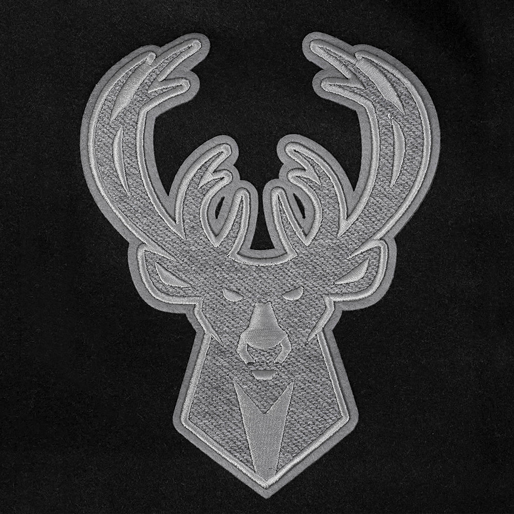 NBA MILWAUKEE BUCKS REVERSE FRENCH TERRY MEN'S VARSITY JACKET (BLACK/GRAY/EGGSHELL)