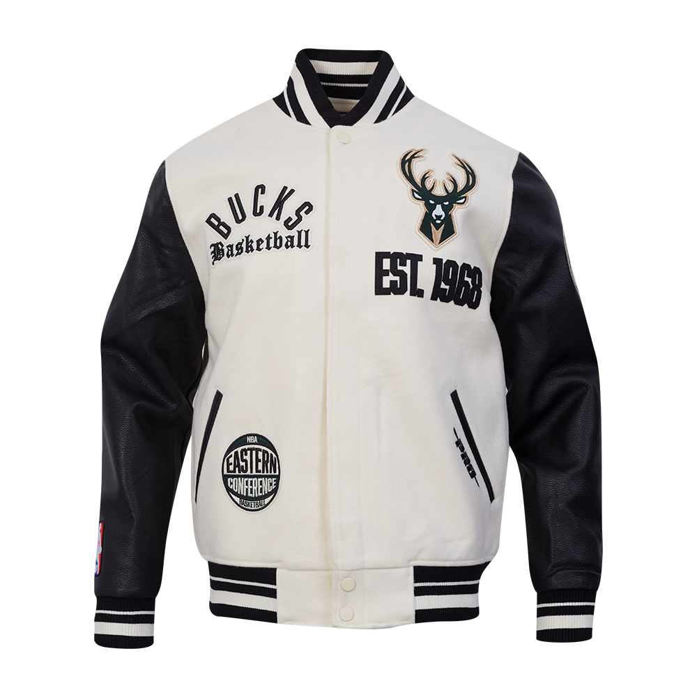 NBA MILWAUKEE BUCKS MODERN ORIGINALS BLOUSON COLLÉGIAL EN LAINE À BORDS CÔTELÉS POUR HOMME (COQUILLE D'ŒUF/NOIR)