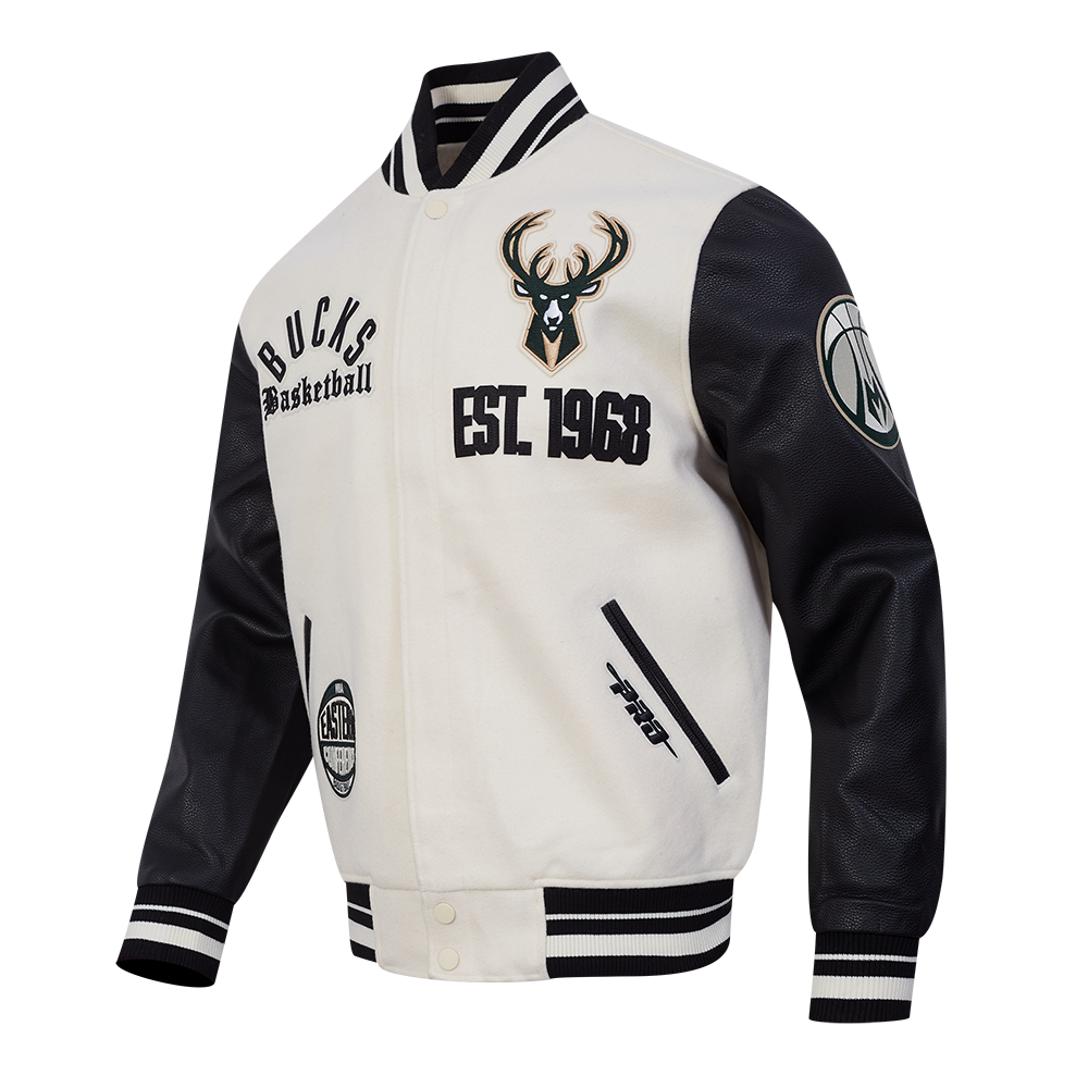 NBA MILWAUKEE BUCKS MODERN ORIGINALS MEN'S RIB WOOL VARSITY JACKET (EGGSHELL/ BLACK)