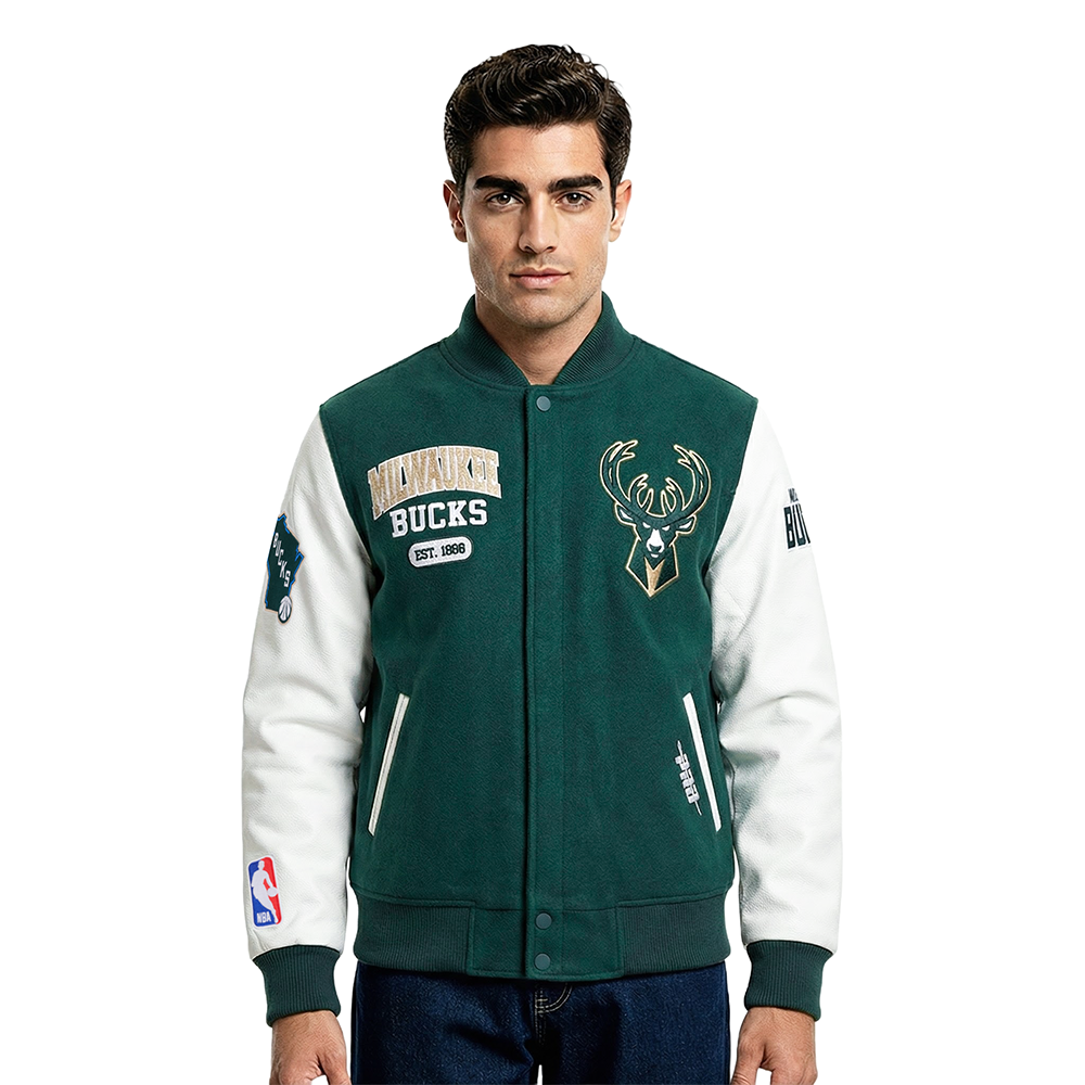 NBA MILWAUKEE BUCKS CITY ARCH MEN'S WOOL VARSITY JACKET (FOREST GREEN/WHITE)