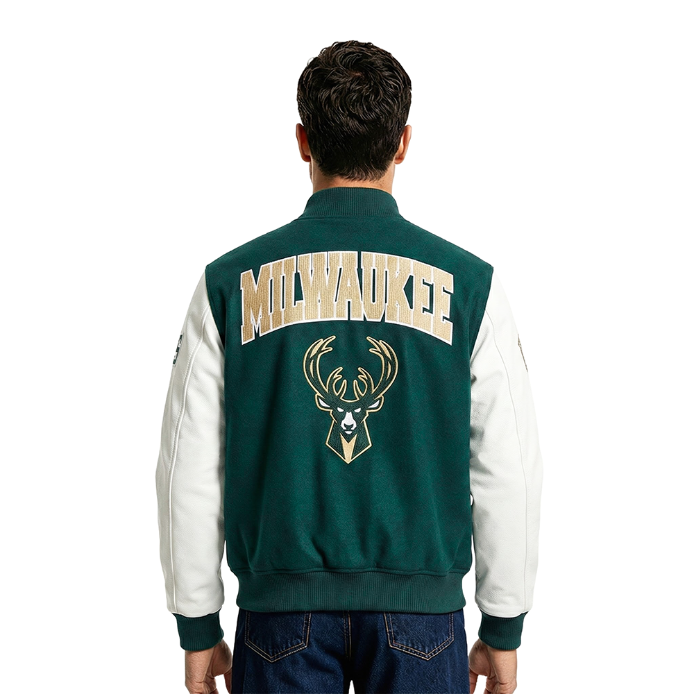 NBA MILWAUKEE BUCKS CITY ARCH BLOUSON COLLÉGIAL EN LAINE POUR HOMME (VERT FORÊT/BLANC)