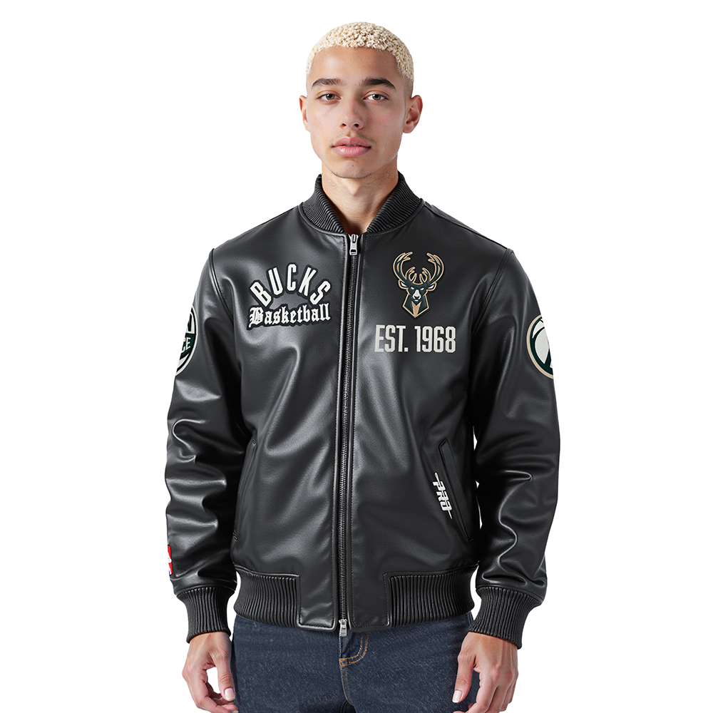 NBA MILWAUKEE BUCKS MODERN ORIGINALS BLOUSON COLLÉGIAL EN CUIR POUR HOMME (NOIR DE JAIS)