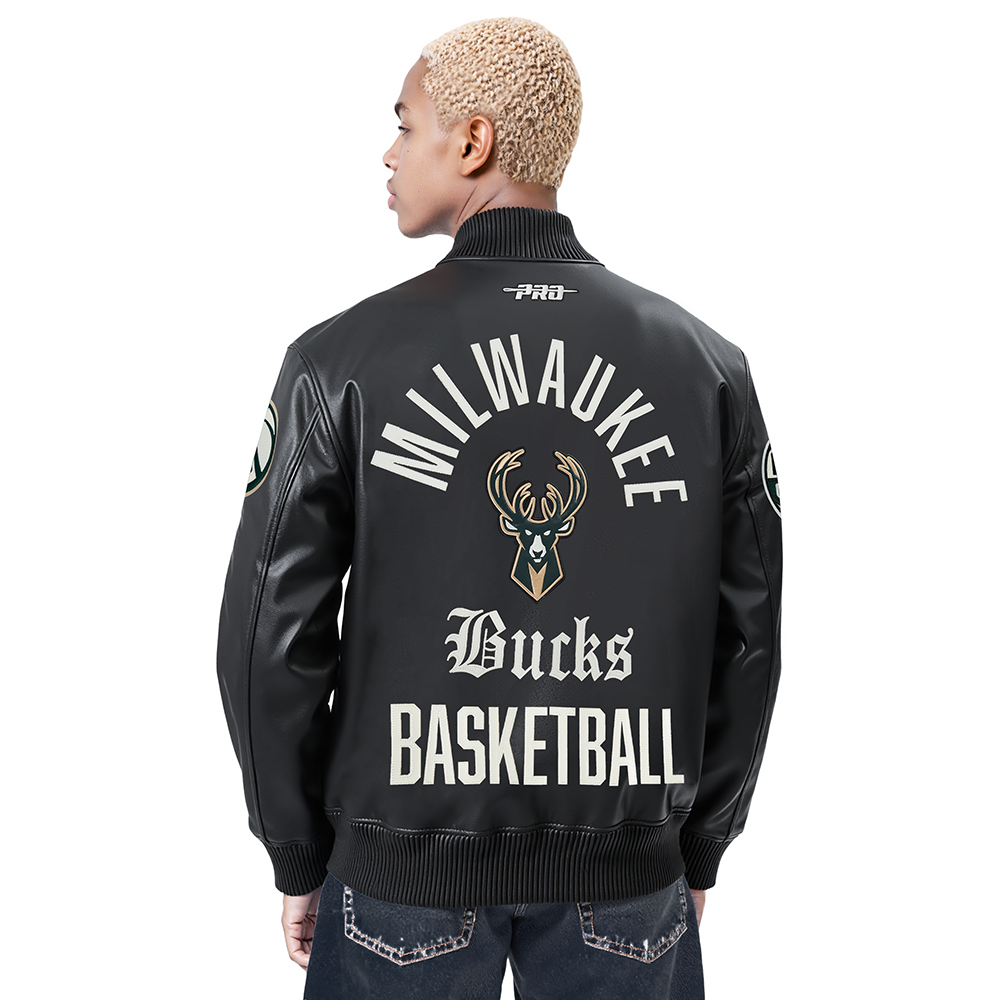 NBA MILWAUKEE BUCKS MODERN ORIGINALS BLOUSON COLLÉGIAL EN CUIR POUR HOMME (NOIR DE JAIS)