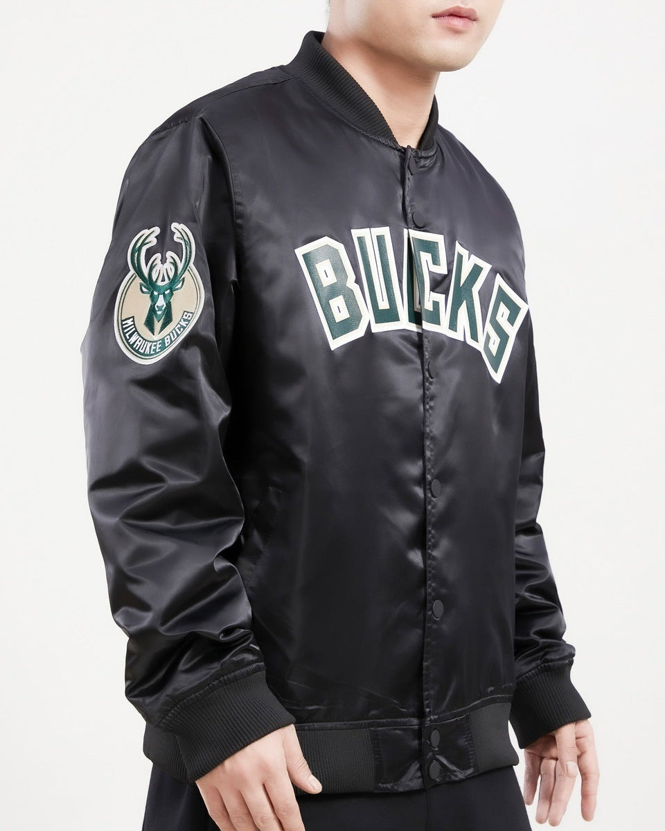 NBA MILWAUKEE BUCKS BIG LOGO MEN'S SATIN JACKET (BLACK)