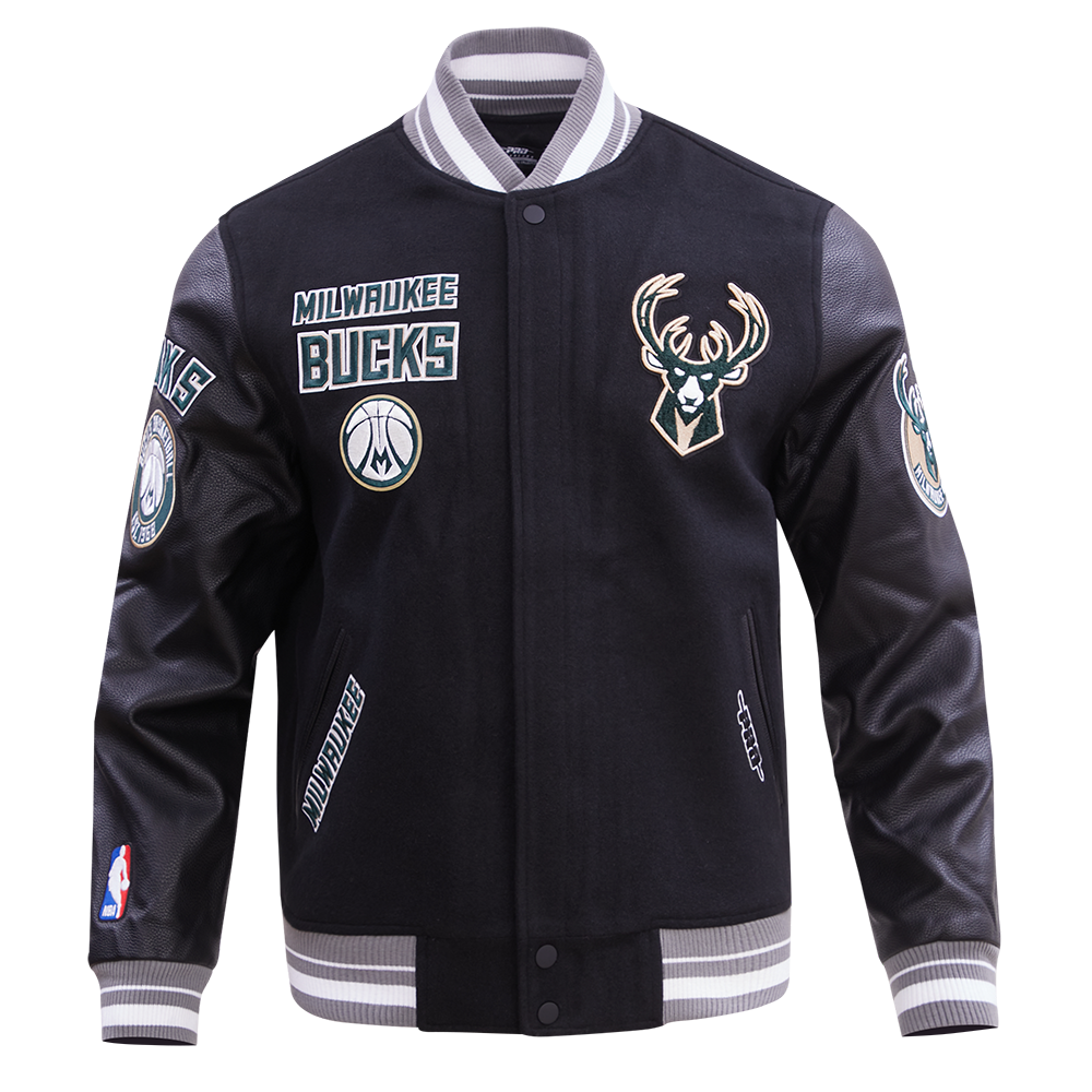 NBA MILWAUKEE BUCKS RETRO CLASSIC BLOUSON COLLÉGIAL EN LAINE À BORDS CÔTELÉS POUR HOMME (NOIR/GRIS)