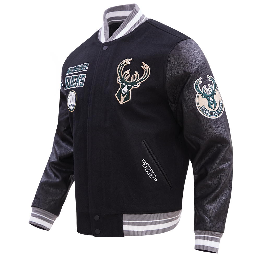 NBA MILWAUKEE BUCKS RETRO CLASSIC MEN'S RIB WOOL VARSITY JACKET (BLACK/GRAY)