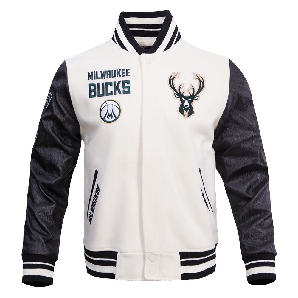 NBA MILWAUKEE BUCKS RETRO CLASSIC BLOUSON COLLÉGIAL EN LAINE À BORDS CÔTELÉS POUR HOMME (COQUILLE D'ŒUF/NOIR)