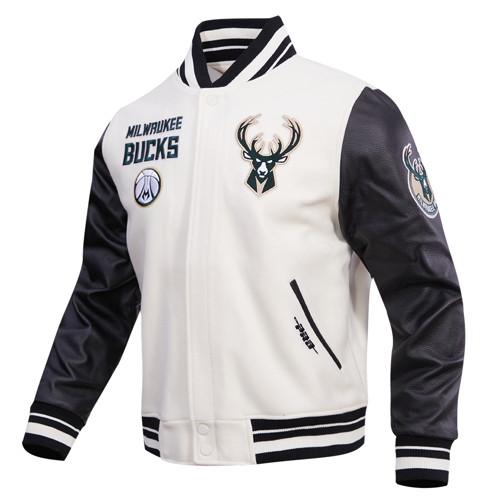 NBA MILWAUKEE BUCKS RETRO CLASSIC BLOUSON COLLÉGIAL EN LAINE À BORDS CÔTELÉS POUR HOMME (COQUILLE D'ŒUF/NOIR)