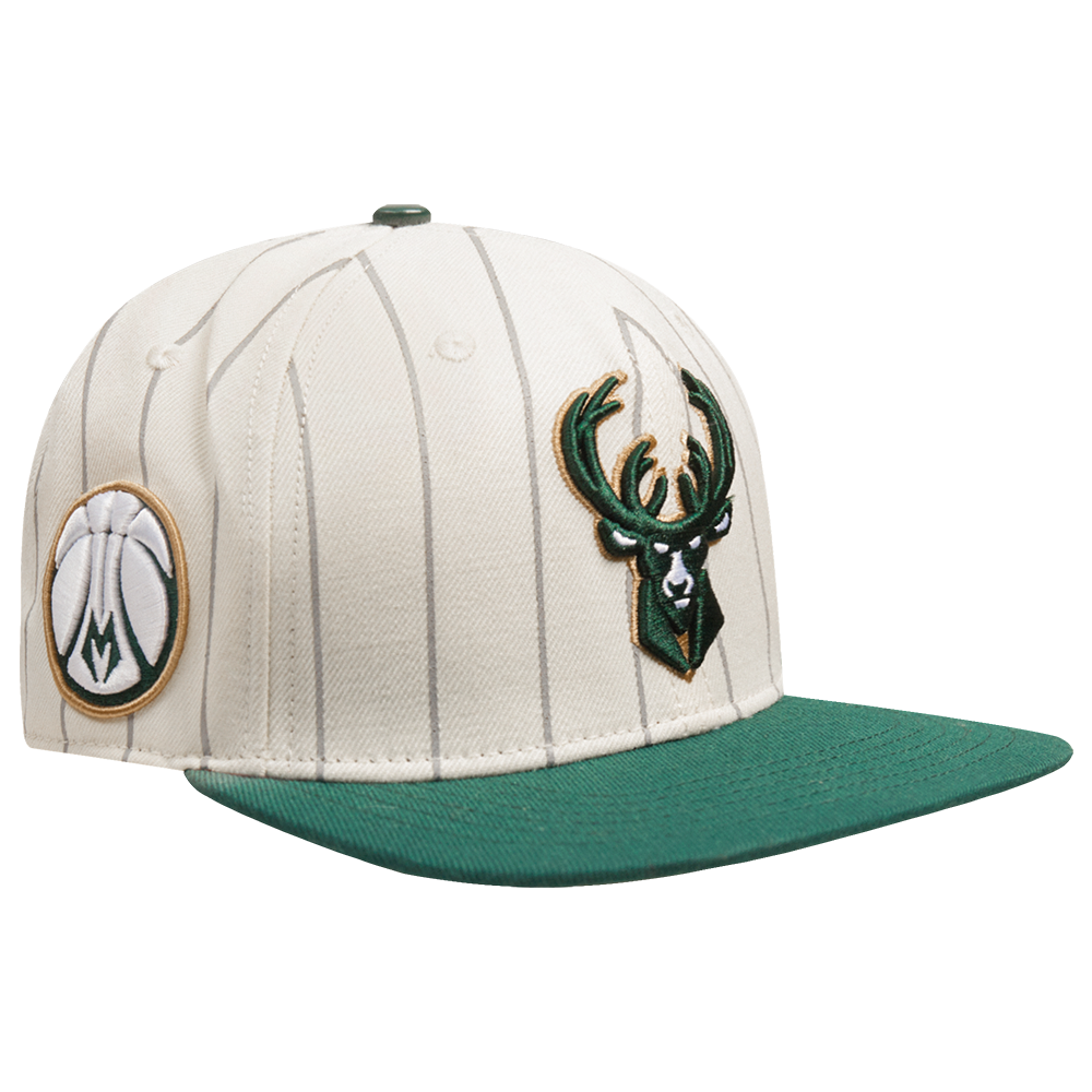 NBA MILWAUKEE BUCKS PINSTRIPE RETRO CLASSIC LOGO WOOL SNAPBACK HAT (EGGSHELL/ GREY)