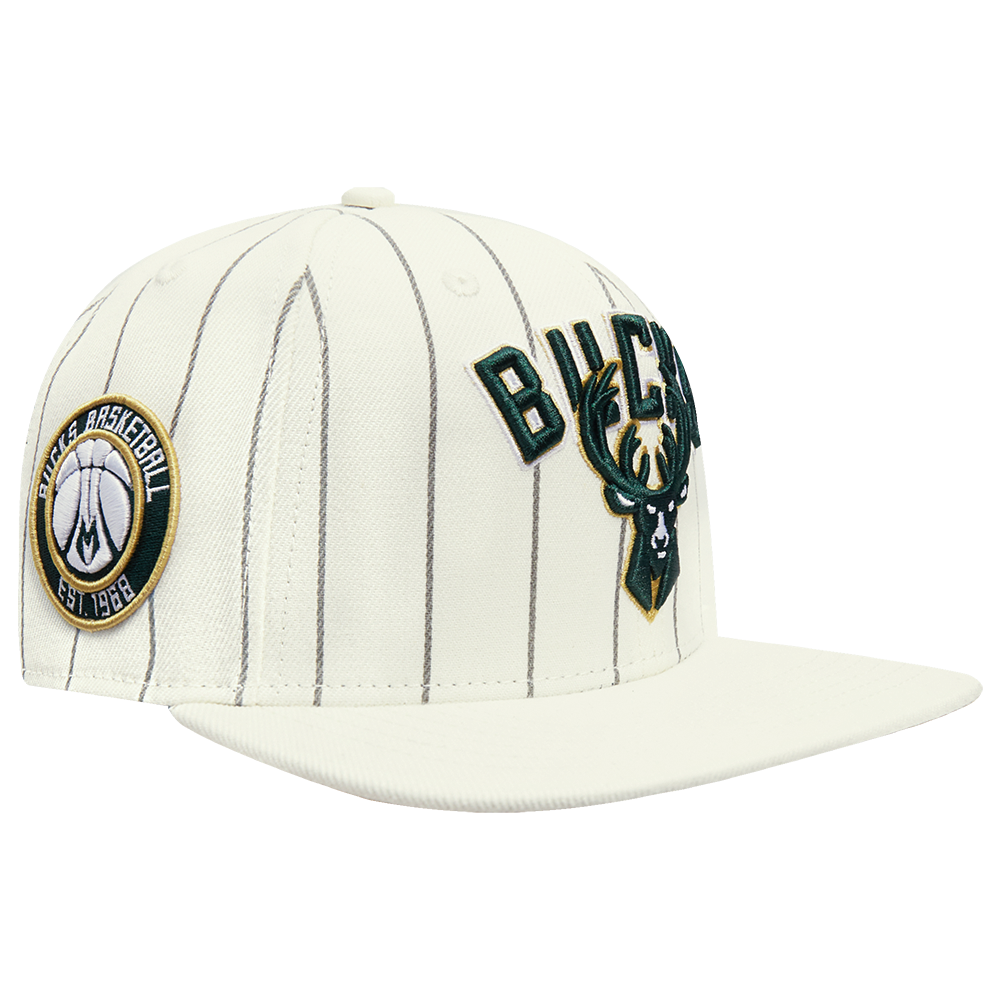 NBA MILWAUKEE BUCKS PINSTRIPE RETRO CLASSIC WORDMARK WOOL SNAPBACK HAT (EGGSHELL/ GREY)