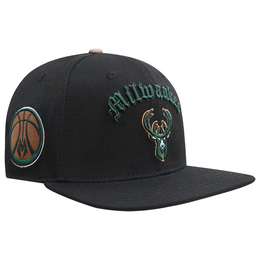 NBA MILWAUKEE BUCKS OLD ENGLISH UNISEX 6 PANEL SNAPBACK HAT (BLACK)