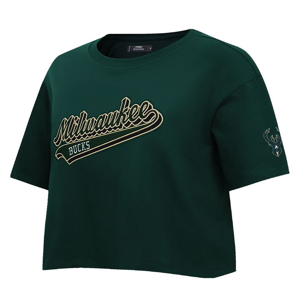 NBA MILWAUKEE BUCKS SCRIPT TAIL WOMEN'S SINGLE JERSEY BOXY TEE (FOREST GREEN)