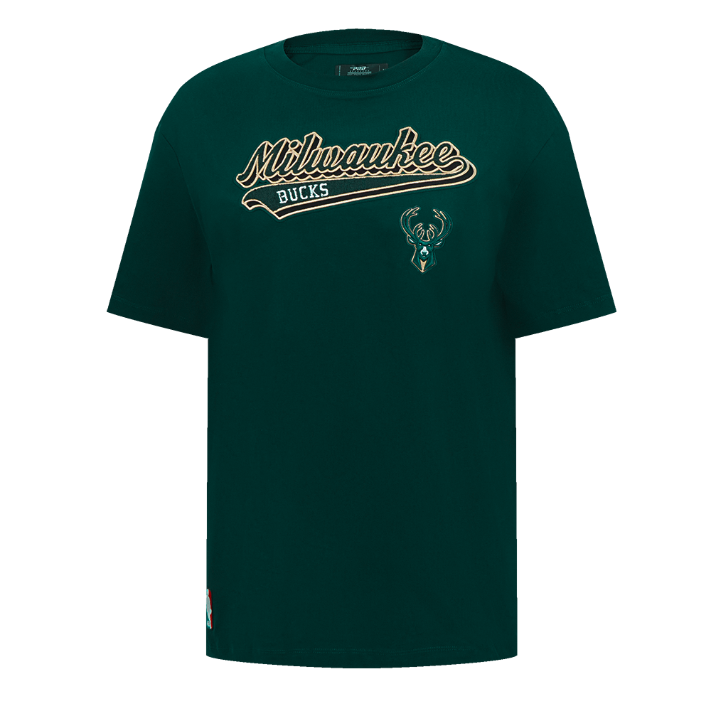 NBA MILWAUKEE BUCKS SCRIPT TAIL WOMEN'S BOYFRIEND TEE (FOREST GREEN)