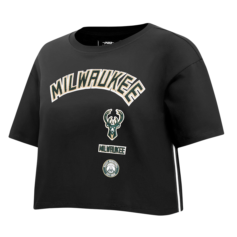 NBA MILWAUKEE BUCKS RETRO CLASSIC WOMEN'S SINGLE JERSEY BOXY TEE (BLACK)