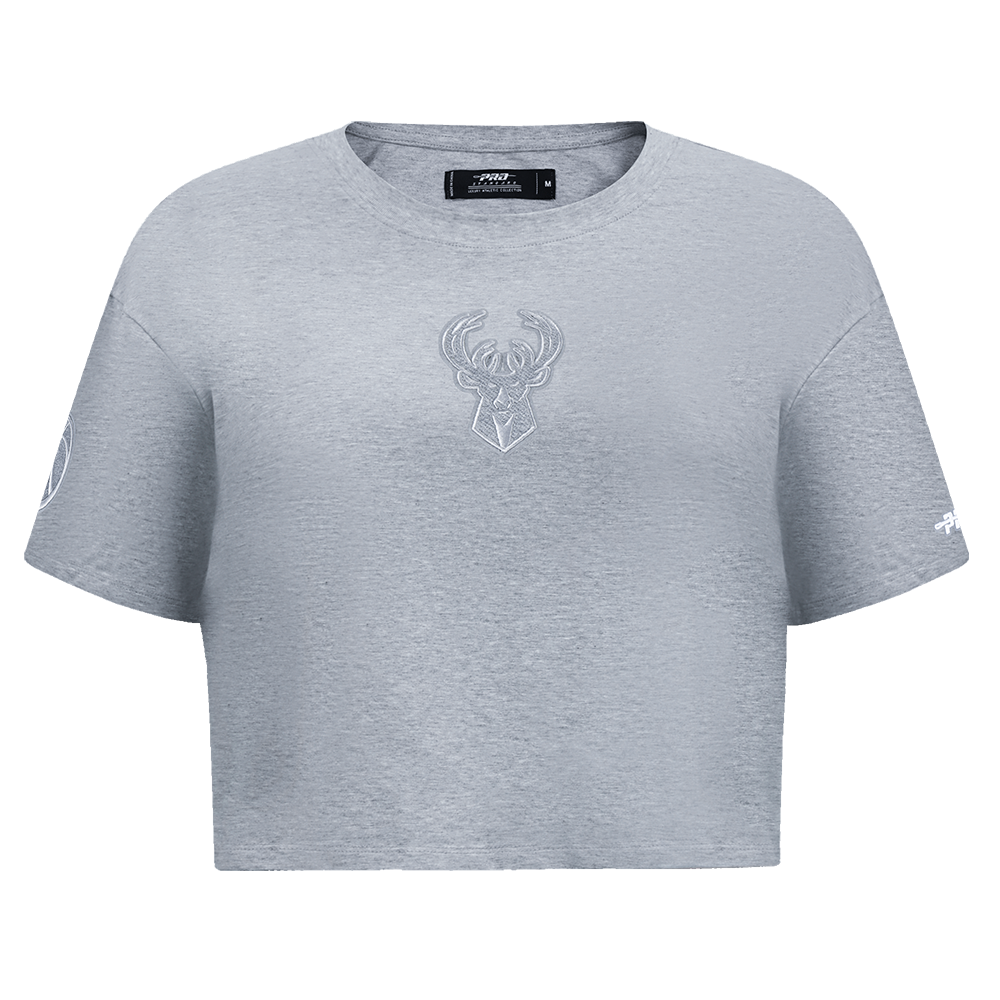 NBA MILWAUKEE BUCKS REVERSE FRENCH TERRY WOMEN'S SINGLE JERSEY BOXY TEE (DARK HEATHER GRAY)