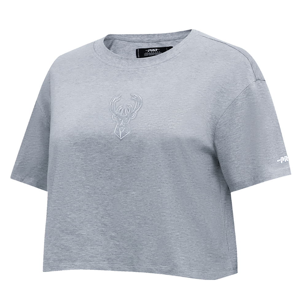 NBA MILWAUKEE BUCKS REVERSE FRENCH TERRY WOMEN'S SINGLE JERSEY BOXY TEE (DARK HEATHER GRAY)