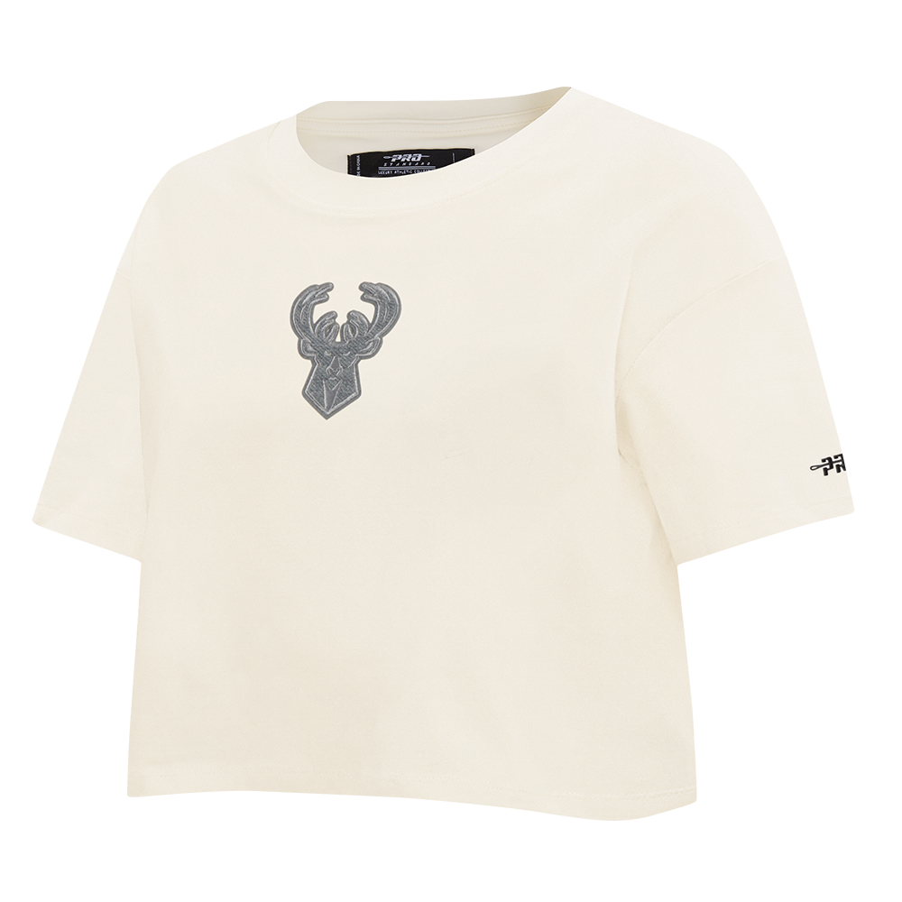 NBA MILWAUKEE BUCKS REVERSE FRENCH TERRY WOMEN'S SINGLE JERSEY BOXY TEE (EGGSHELL)