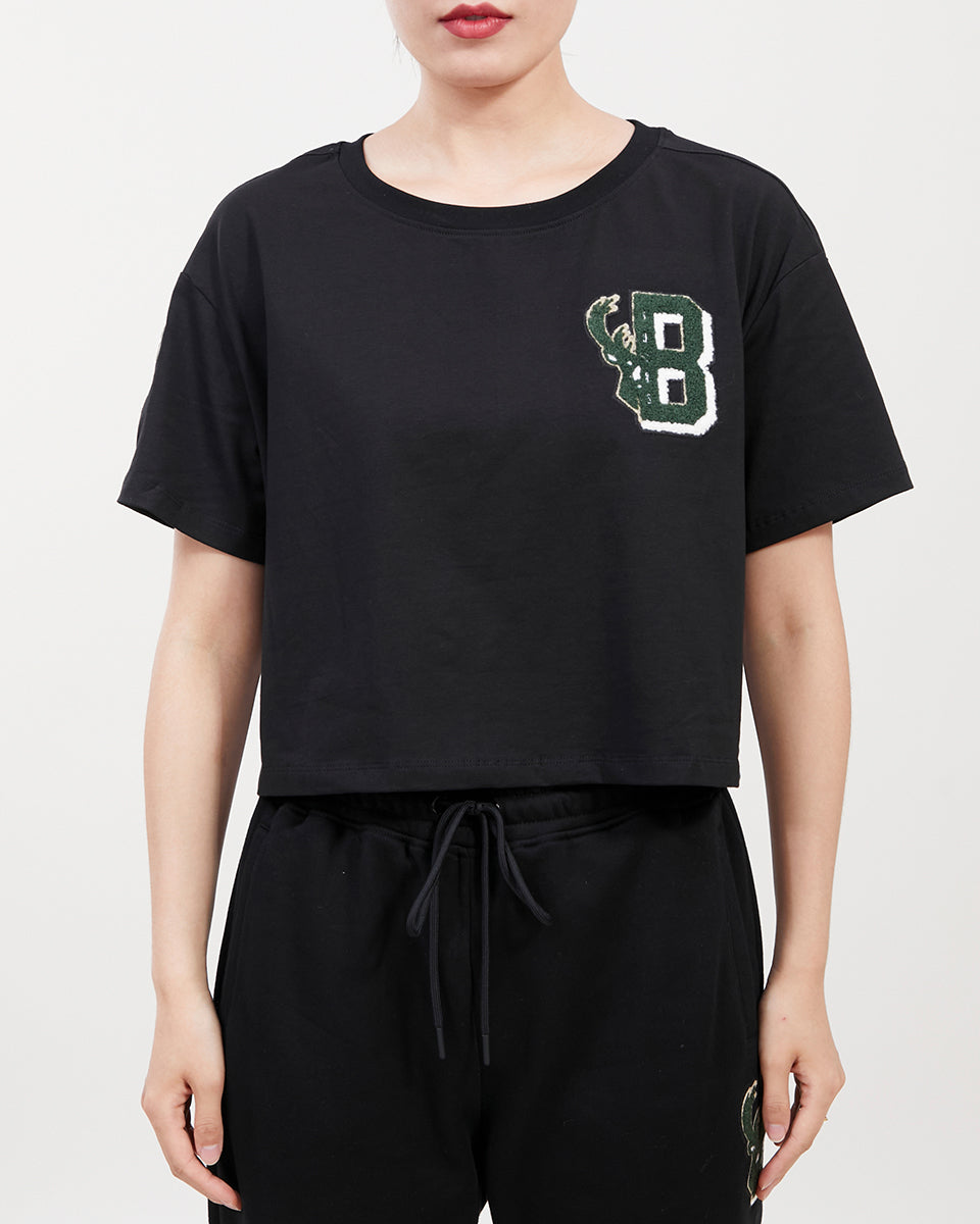 NBA MILWAUKEE BUCKS T-SHIRT MASHUP À COUPE CARRÉE POUR FEMME (NOIR)