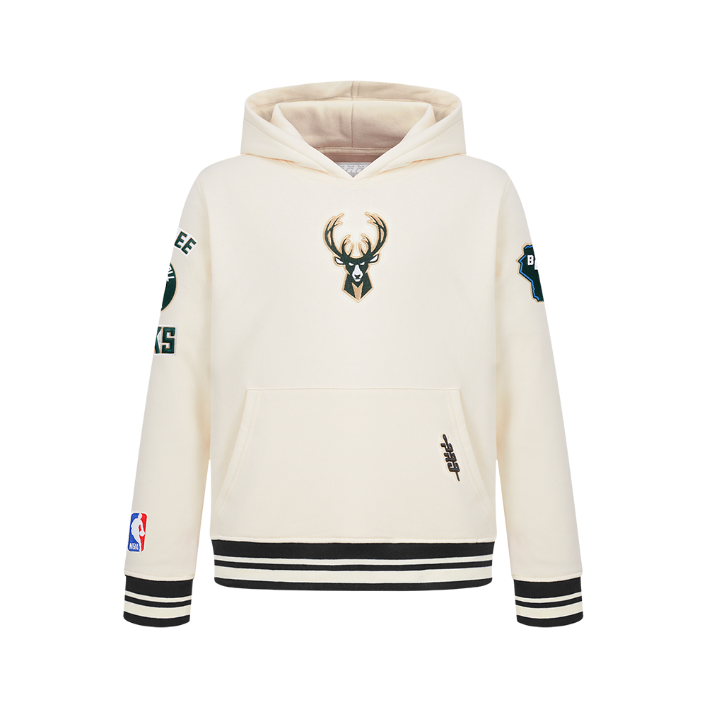 NBA MILWAUKEE BUCKS RETRO CLASSIC CHANDAIL À CAPUCHON EN MOLLETON CÔTELÉ POUR GARÇON JUNIOR (COQUILLE D'ŒUF/NOIR)