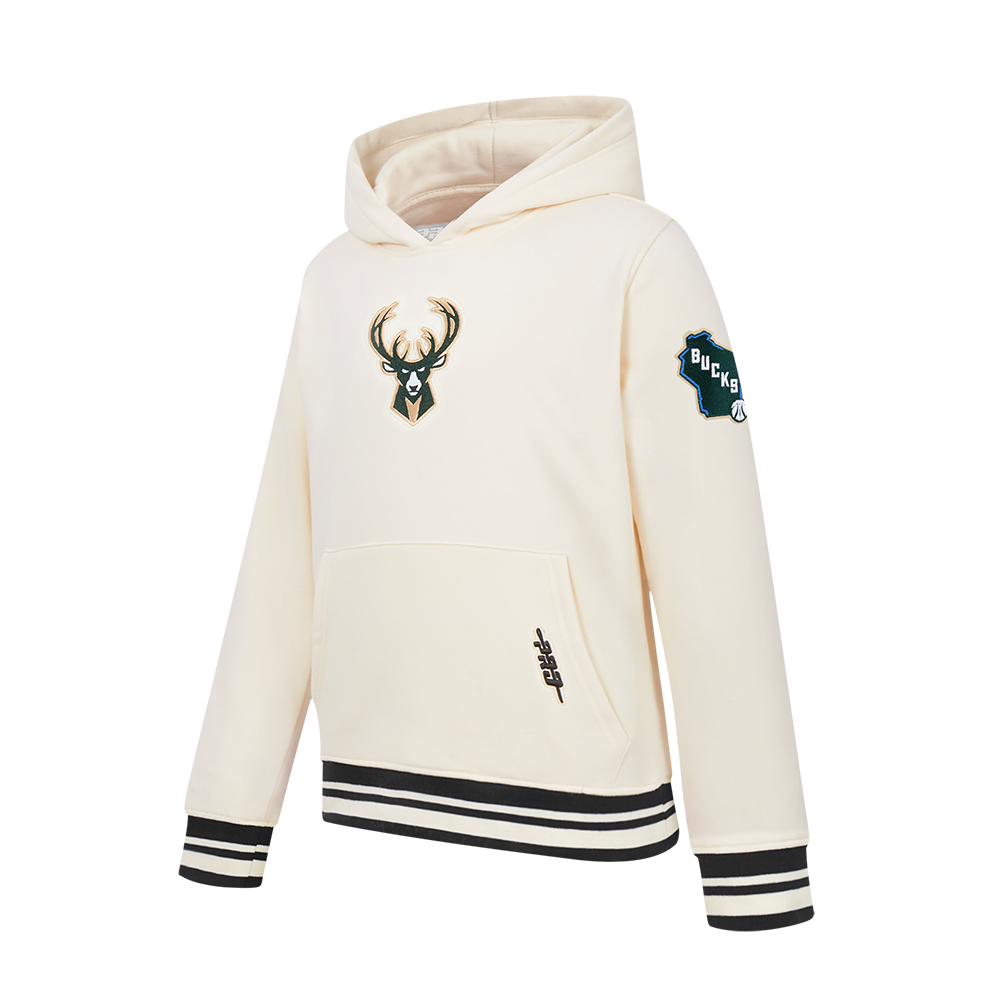 NBA MILWAUKEE BUCKS RETRO CLASSIC CHANDAIL À CAPUCHON EN MOLLETON CÔTELÉ POUR GARÇON JUNIOR (COQUILLE D'ŒUF/NOIR)