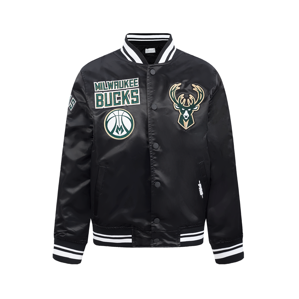 NBA MILWAUKEE BUCKS RETRO CLASSIC BLOUSON EN SATIN À BORDS CÔTELÉS POUR GARÇON JUNIOR (NOIR)